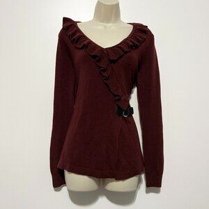 Susan Lawrence Womens Ruffle Sweater Size M Maroon Dark Victorian Romantic Goth